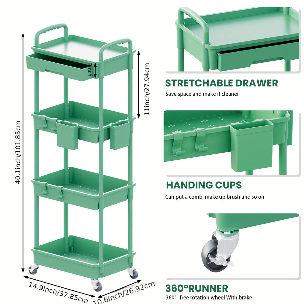 [Multifunctional Storage Cart] 3-Tier/4-Tier Rolling Storage Organizer Cart with Drawer & Hooks | Multifunctional Plastic Utility Cart On Wheels for Kitchen, Bathroom, Office, Living Room - Space-Saving Mobile Storage Solution