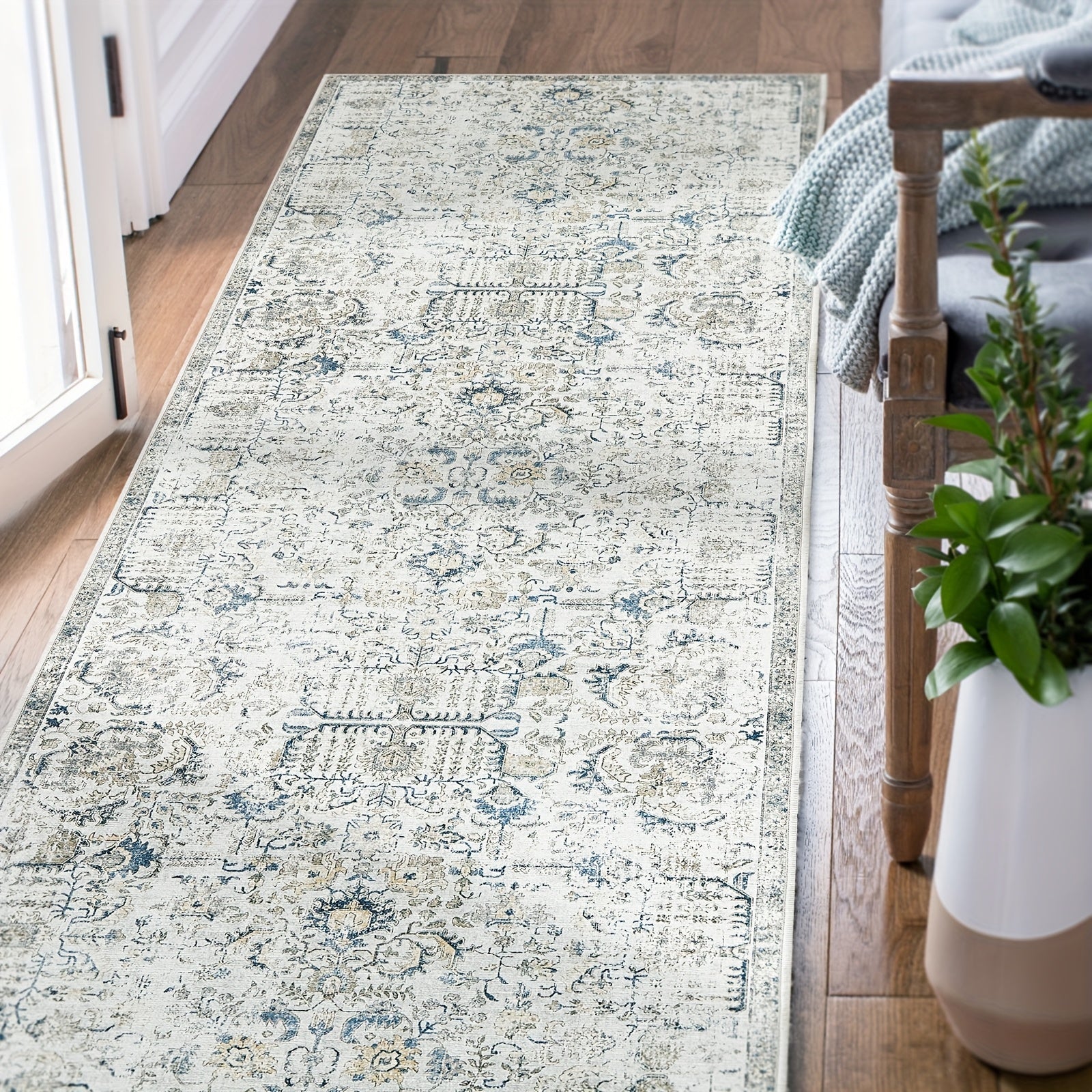 Vintage Boho Distressed Floral Area Rug – Machine Washable, Non-Slip Backing, Stain Resistant – Retro Oversized Accent Carpet for Living Room, Bedroom, Kitchen & Dining Room