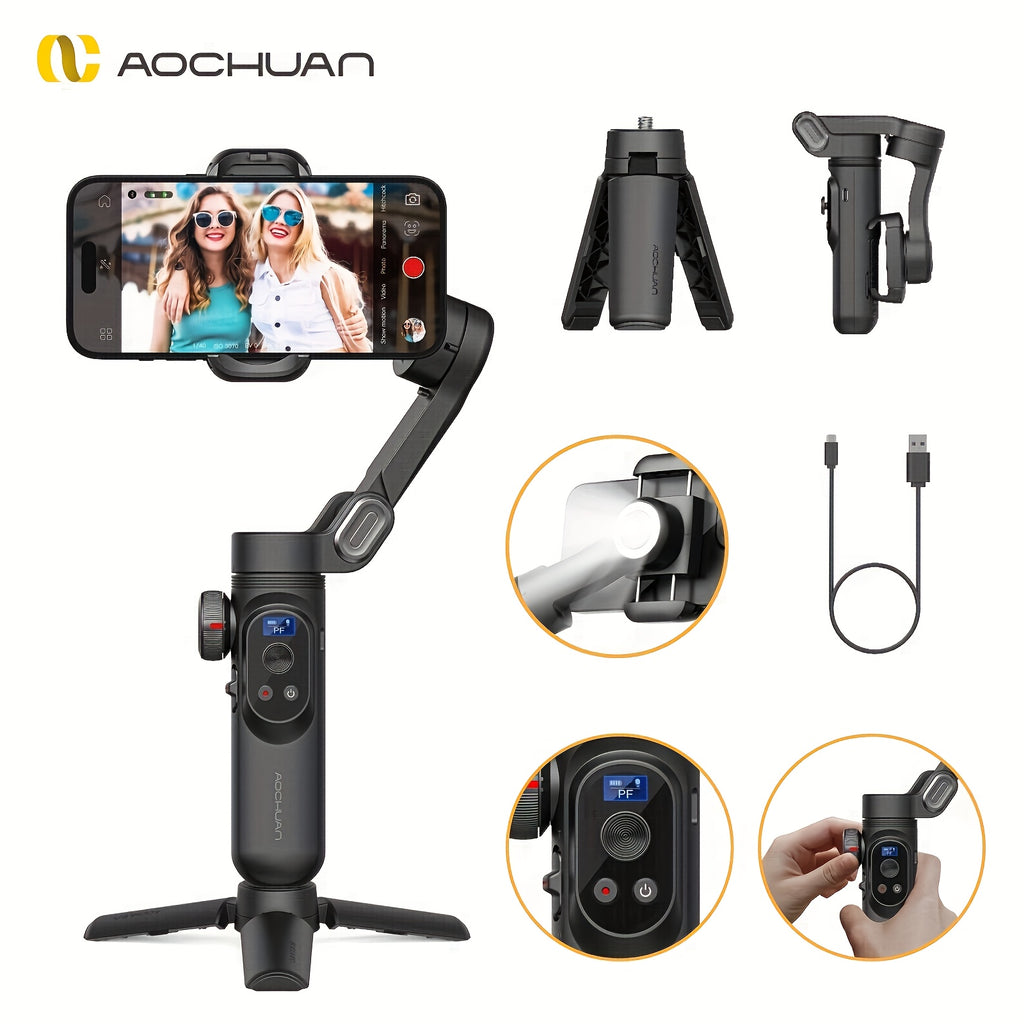 AOCHUAN Smart Xpro Phone Gimbal Tripod Intelligent Shooting Outdoor Sports Vlog Stabilizer 3-Axis Anti-Shake Stabilizer with Built-In 3-Level Fill Light And Reversible Wireless Charging, App Support, Black Gray Foldable Portable