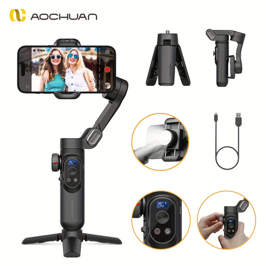 AOCHUAN Smart Xpro Phone Gimbal Tripod Intelligent Shooting Outdoor Sports Vlog Stabilizer 3-Axis Anti-Shake Stabilizer with Built-In 3-Level Fill Light And Reversible Wireless Charging, App Support, Black Gray Foldable Portable