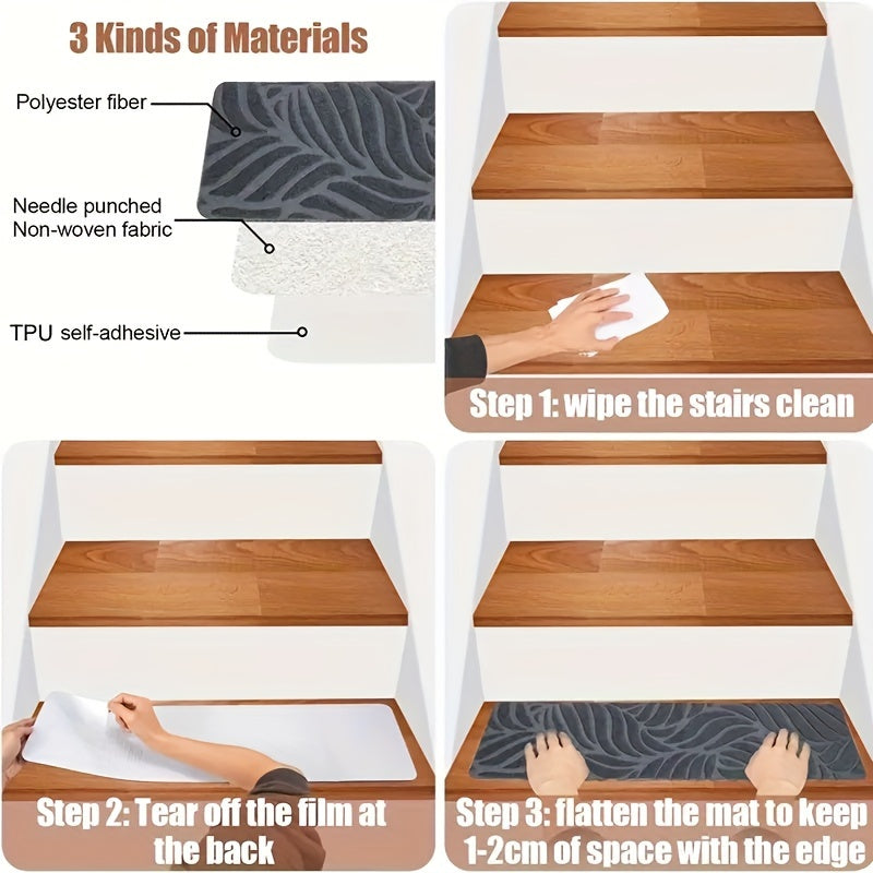 Stair Treads for Wooden Steps 15pcs 8"x30" Non-Slip Grey Pads with Self-Adhesive Backing, Peel And Stick Stair Treads, Premium Quality Polyester Washable Pads for Enhanced Indoor Stairs Safety