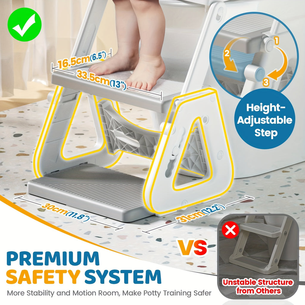 2-IN-1 Potty Training Toilet Seat with Step Stool for Toddler, Stability Training Potty Seat for Kids Boys Girls with Splash Guard And Anti-Slip Pad, Adjustable Ladder & Potty Seat Height, Grey