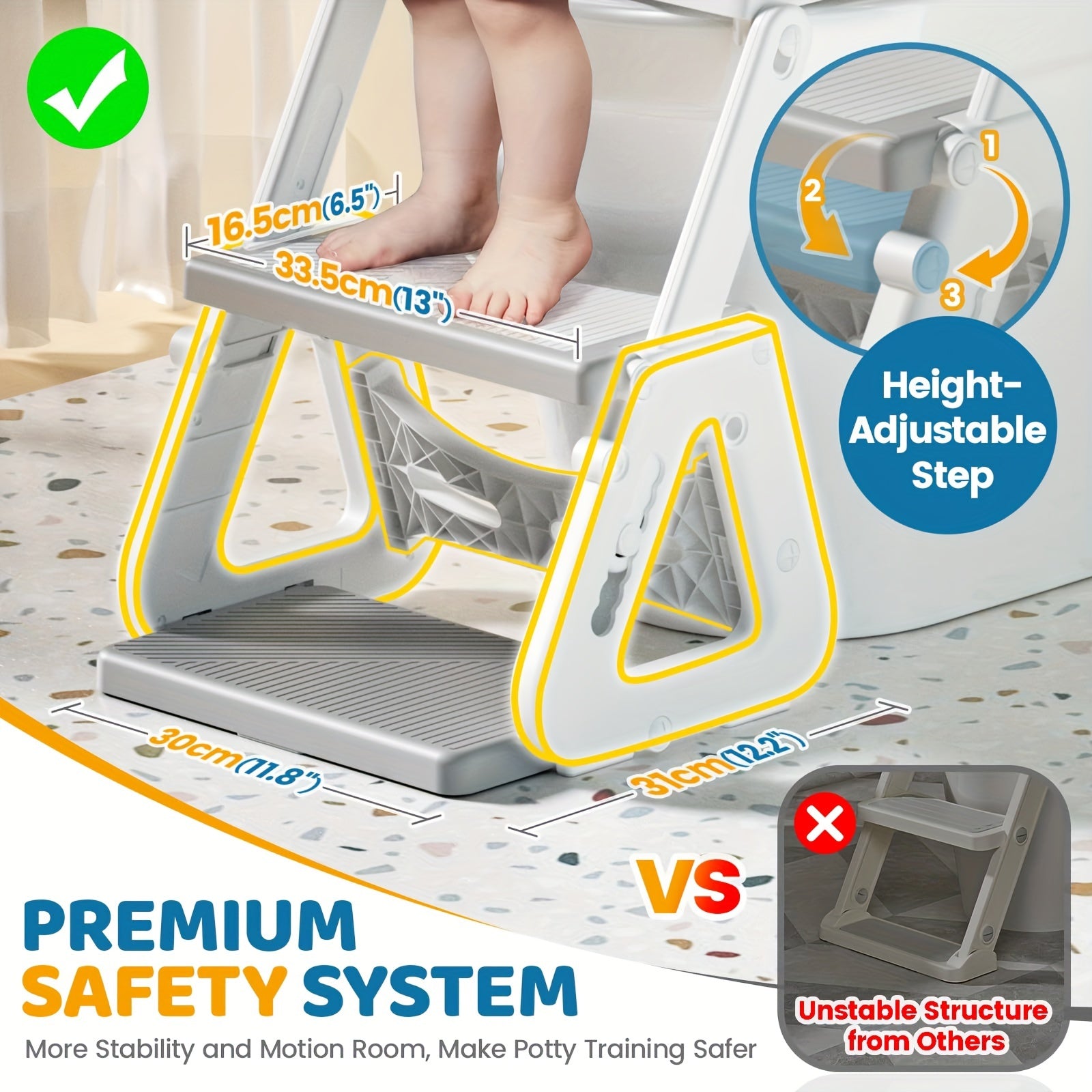 2-IN-1 Potty Training Toilet Seat with Step Stool for Toddler, Stability Training Potty Seat for Kids Boys Girls with Splash Guard And Anti-Slip Pad, Adjustable Ladder & Potty Seat Height, Grey