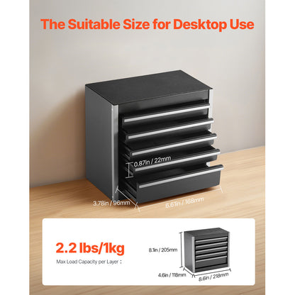 Portable Metal Tool Box with 3 or 5 Drawers 8.6-Inch – Mini Steel Tool Organizer for Desk Workbench Office Workshop, Black or Red (VEVOR)