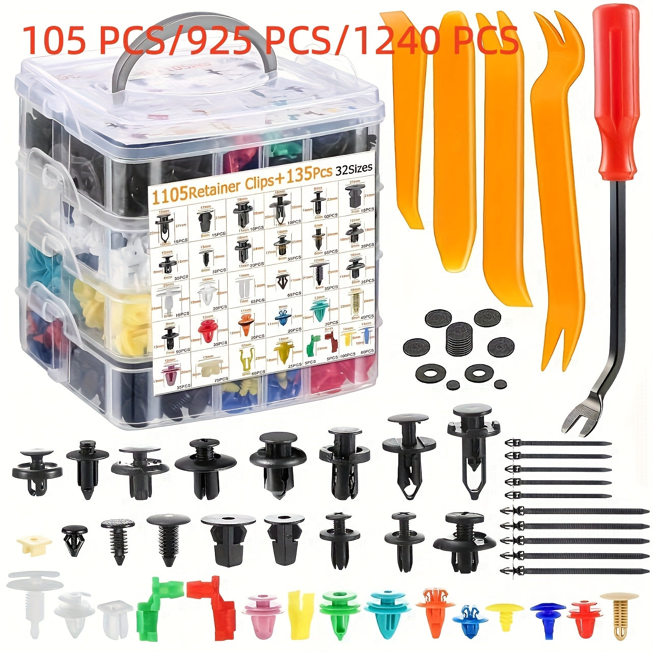Automotive Plastic Retainer Clips Kit 105/925/1240pcs, PP Body Fastener Assortment with Gaskets Washers Cable Ties & Tools – Universal Car Body Clips for Most Vehicle Models