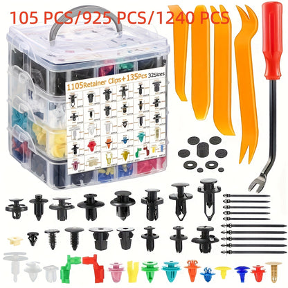 Automotive Plastic Retainer Clips Kit 105/925/1240pcs, PP Body Fastener Assortment with Gaskets Washers Cable Ties & Tools – Universal Car Body Clips for Most Vehicle Models