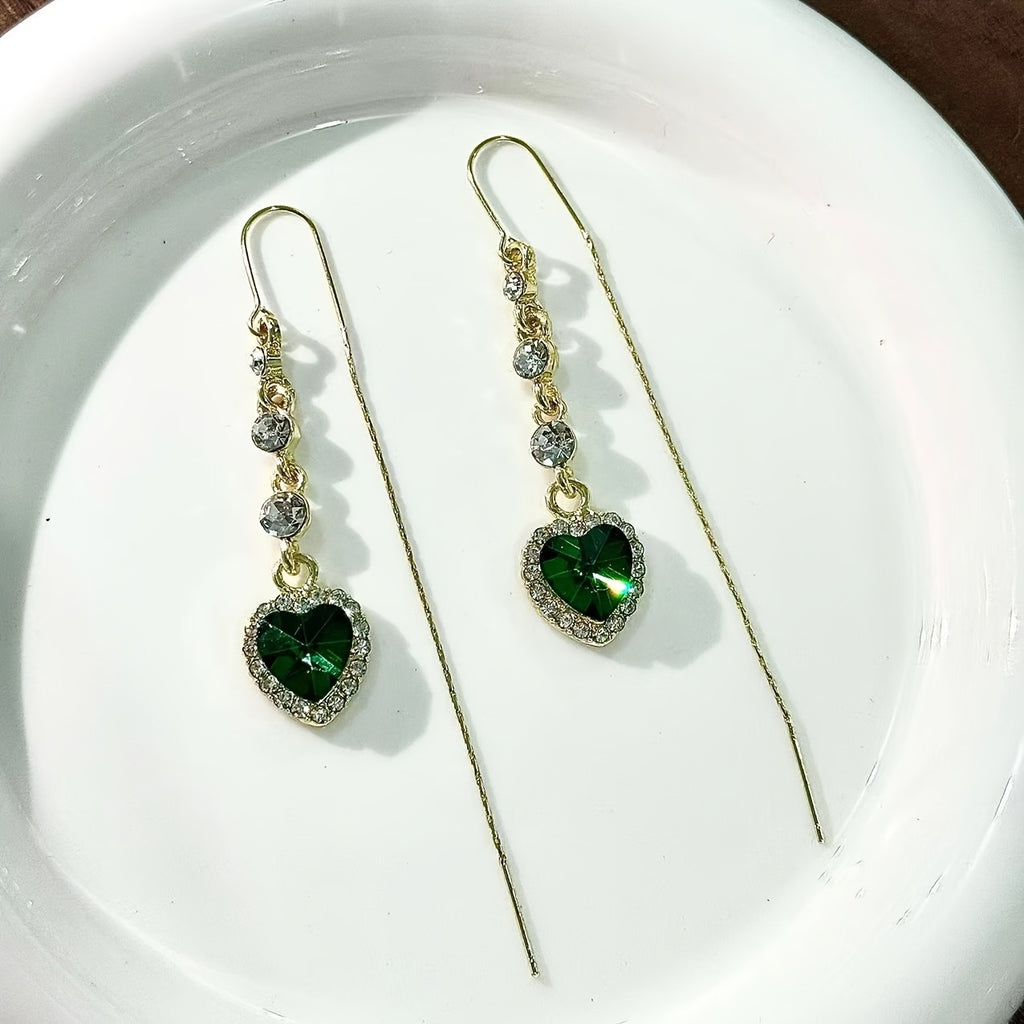 Two Pairs of Elegant Heart-Shaped Earrings Featuring Blue And Green Artificial Crystals with Tassels, Adorned with Sparkling Rhinestones, Making Them a Perfect Accessory for Women on Any Occasion, And an Ideal Gift for Valentine'S Day