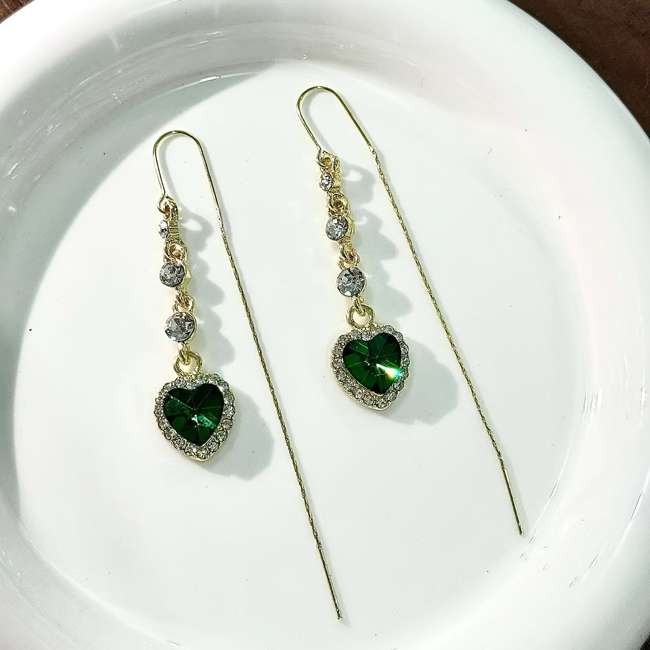 Two Pairs of Elegant Heart-Shaped Earrings Featuring Blue And Green Artificial Crystals with Tassels, Adorned with Sparkling Rhinestones, Making Them a Perfect Accessory for Women on Any Occasion, And an Ideal Gift for Valentine'S Day