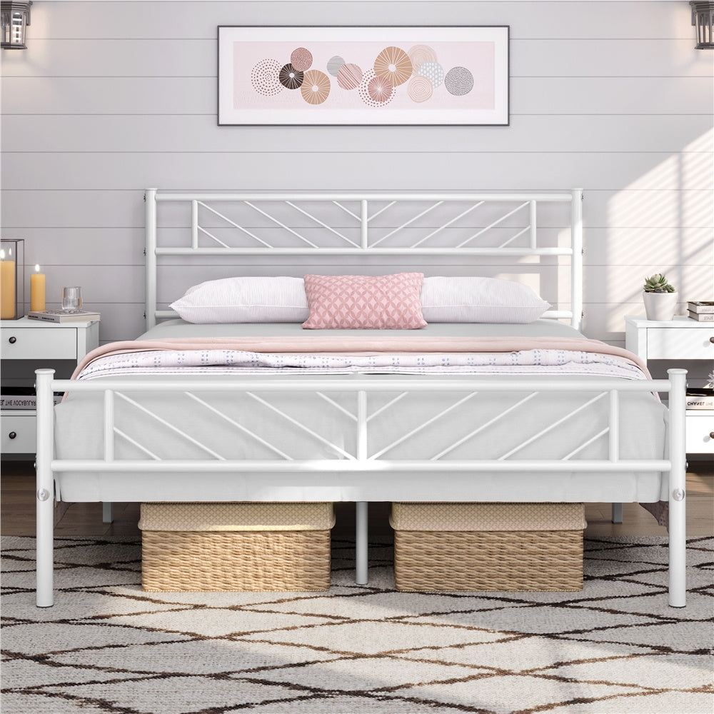 ALDEN DESIGN Bed Frame, Metal Platform Bed Frame, Minimalist Metal Platform Bed with Arrow Design Headboard and Footboard, metal bed foundation, Underbed Storage for Luggage, Shoes, Bags, No Box Spring Needed, White/Black, Twin/Full/Queen Size