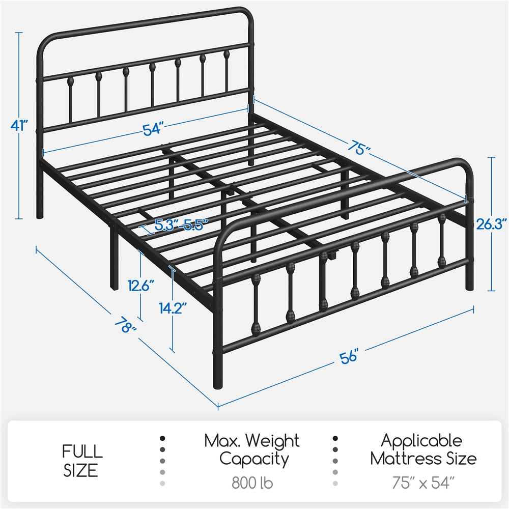 ALDEN DESIGN Bed Frame, Classic Iron Platform Bed with High Headboard and Footboard, Slatted Bed Base, Mattress Foundation, Farmhouse Platform Bed, Strong Metal-Framed Bed with Storage, Black/White, Twin/Full/Queen Size