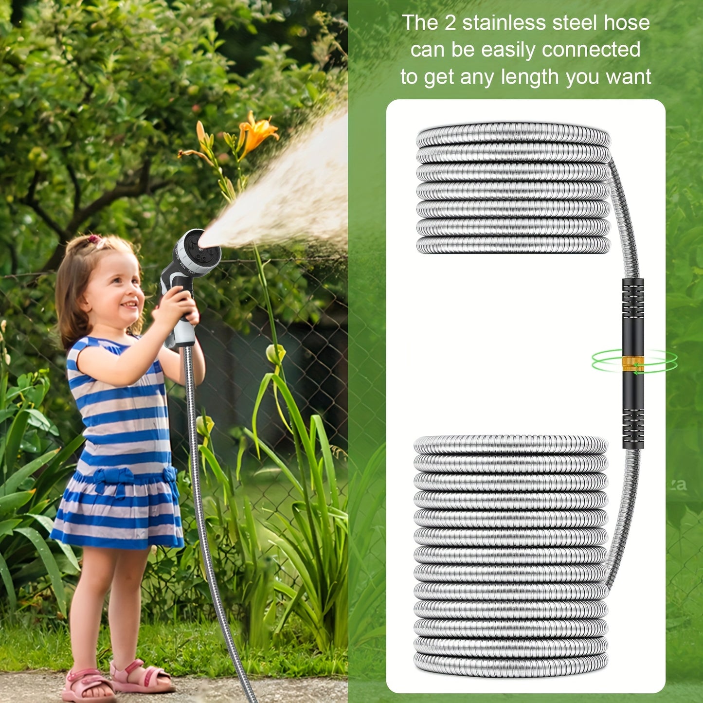 Stainless Steel Garden Hose with 10-Function Nozzle – Heavy-Duty Puncture-Proof No-Kink Flexible Metal Hose for Yard, Lawn, Car Wash & Pet Cleaning, 25ft / 50ft / 100ft