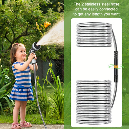Stainless Steel Garden Hose with 10-Function Nozzle – Heavy-Duty Puncture-Proof No-Kink Flexible Metal Hose for Yard, Lawn, Car Wash & Pet Cleaning, 25ft / 50ft / 100ft