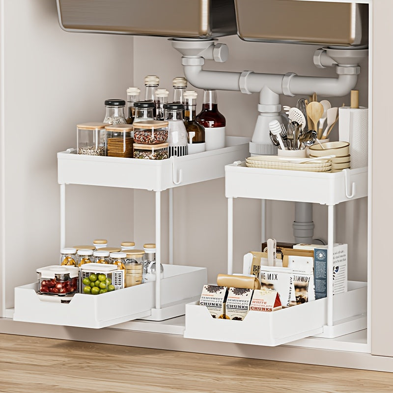 Under-Sink Storage Box with Sliding Drawers, 2-Layer Sliding Cabinet Basket, Bathroom Kitchen Cabinet Storage Box with Hooks, Storage Cups, Household Kitchen Additions, Utility Racks