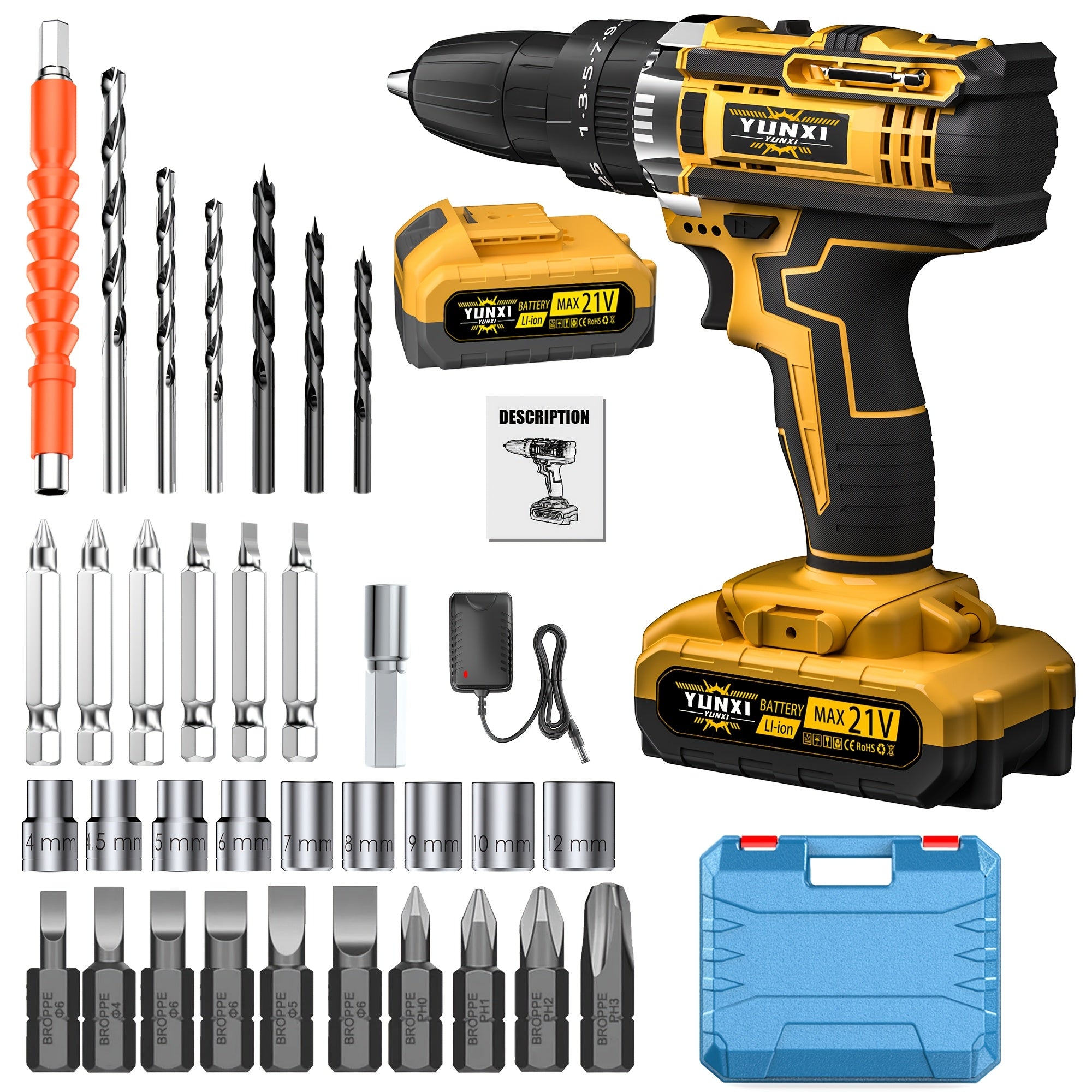 21V Cordless Drill Set with Drill Bits & Socket Accessories – Variable Speed Driver, Fast Charger & Lithium-Ion Battery, Multifunctional Power Tool Kit for Home DIY, Auto Repair & Gift for Dad