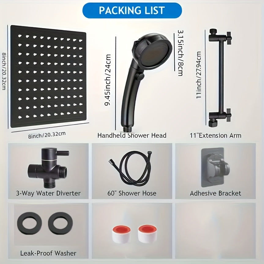 Shower Head Combo - 8/10-inch High-pressure Rain Shower Head - with 9-inch Adjustable Extension Arm And 3-setting Hand-held Showerhead - for A Powerful Spray to Cope with Low Water Pressure - with A 59-inch Long Hose