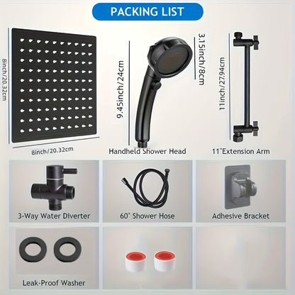 Rain Shower Head Combo Set, 8/10-Inch High-Pressure Rainfall Shower Head with 9-Inch Adjustable Extension Arm, 3-Setting Handheld Showerhead & 59-Inch Hose, Powerful Spray for Low Water Pressure
