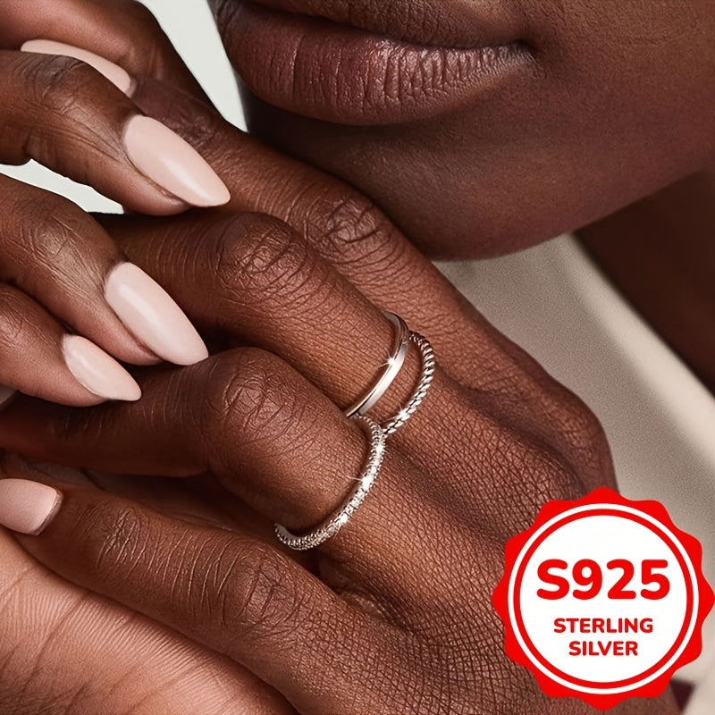 Three 925 Sterling Silver Women's Rings - Elegant Fried Dough Twists Twisted Ring, Stackable, Perfect for Daily and Party Wear