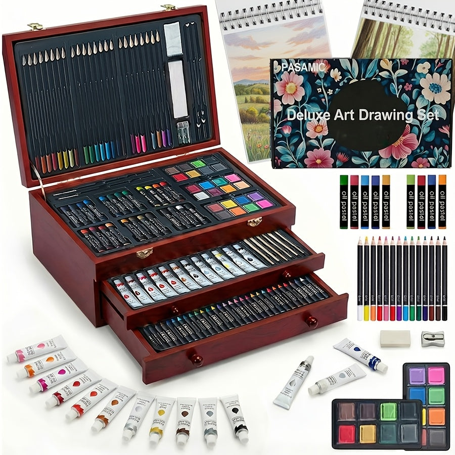 175pcs Deluxe Art Set in Wooden Case with 2 Drawing Pads, Crayons & Colored Pencils - Professional Art Kit for Kids, Teens, Adults & Artists, Girls Ages 8-12 Gift