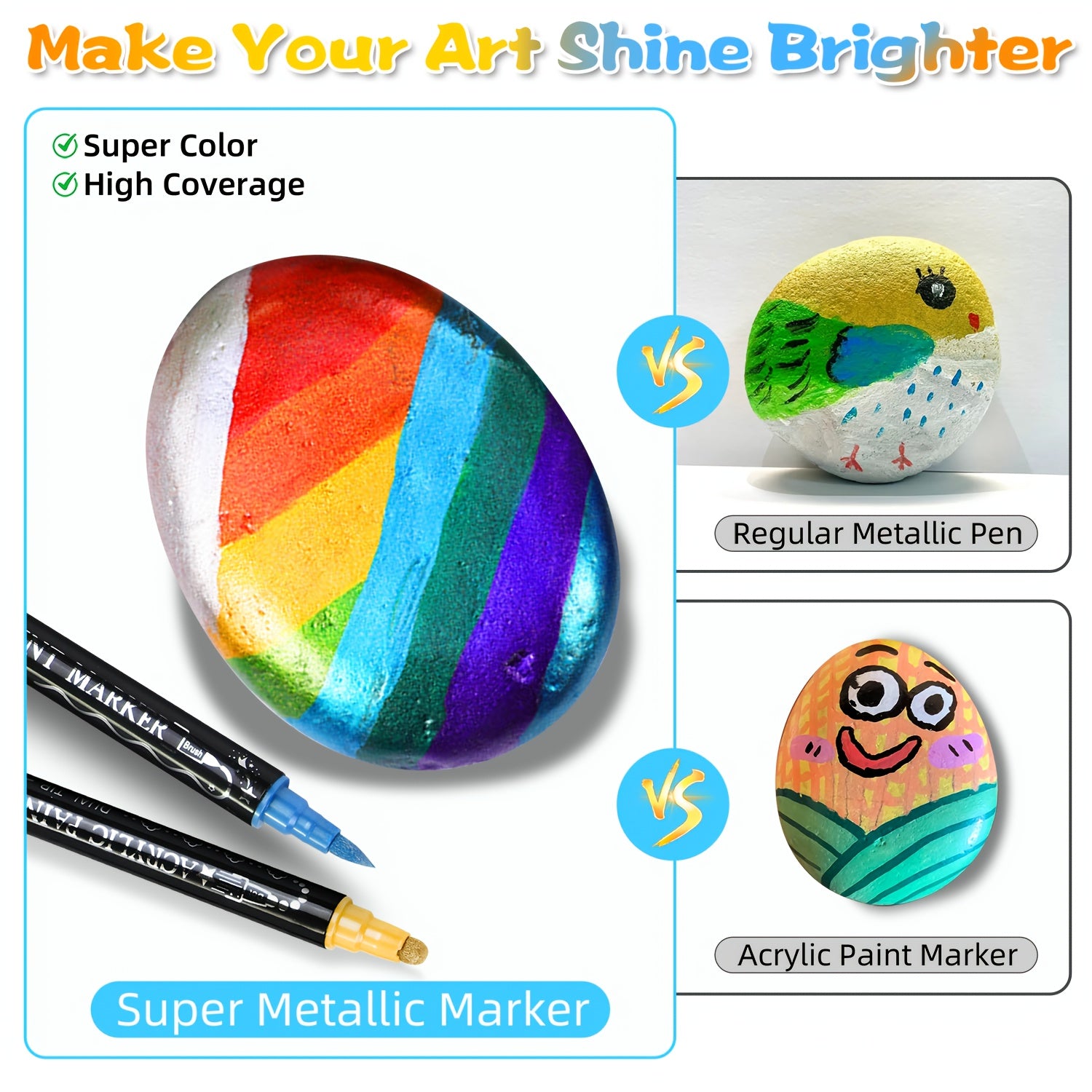 Metallic Acrylic Paint Markers 24 Colors Dual Tip – Brush & Dot Tip Waterproof Paint Pens for Rock Painting, Ceramic, Wood, Canvas, Glass, Stone, Calligraphy & Card Making Crafts