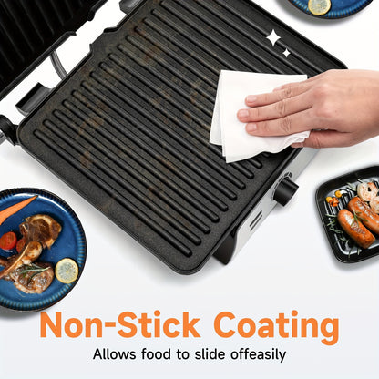Electric Contact Grill 3-in-1 Indoor Panini Press & Sandwich Maker with Non-Stick Stainless Steel Plates, 180° Opening, Floating Hinge, Grease Tray & Preheat Indicator – Compact Countertop Grill for Burgers, Steaks & Wraps