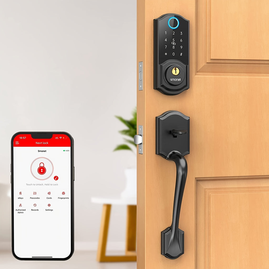 SMONET Smart Front Door Lock Handle Set, Keyless Entry Door Lock with Handle, Smart Deadbolt Auto-Lock Easy to Install, Fingerprint Keypad Buletooth Digital Deadbolt, Work with Alexa, App Control Black