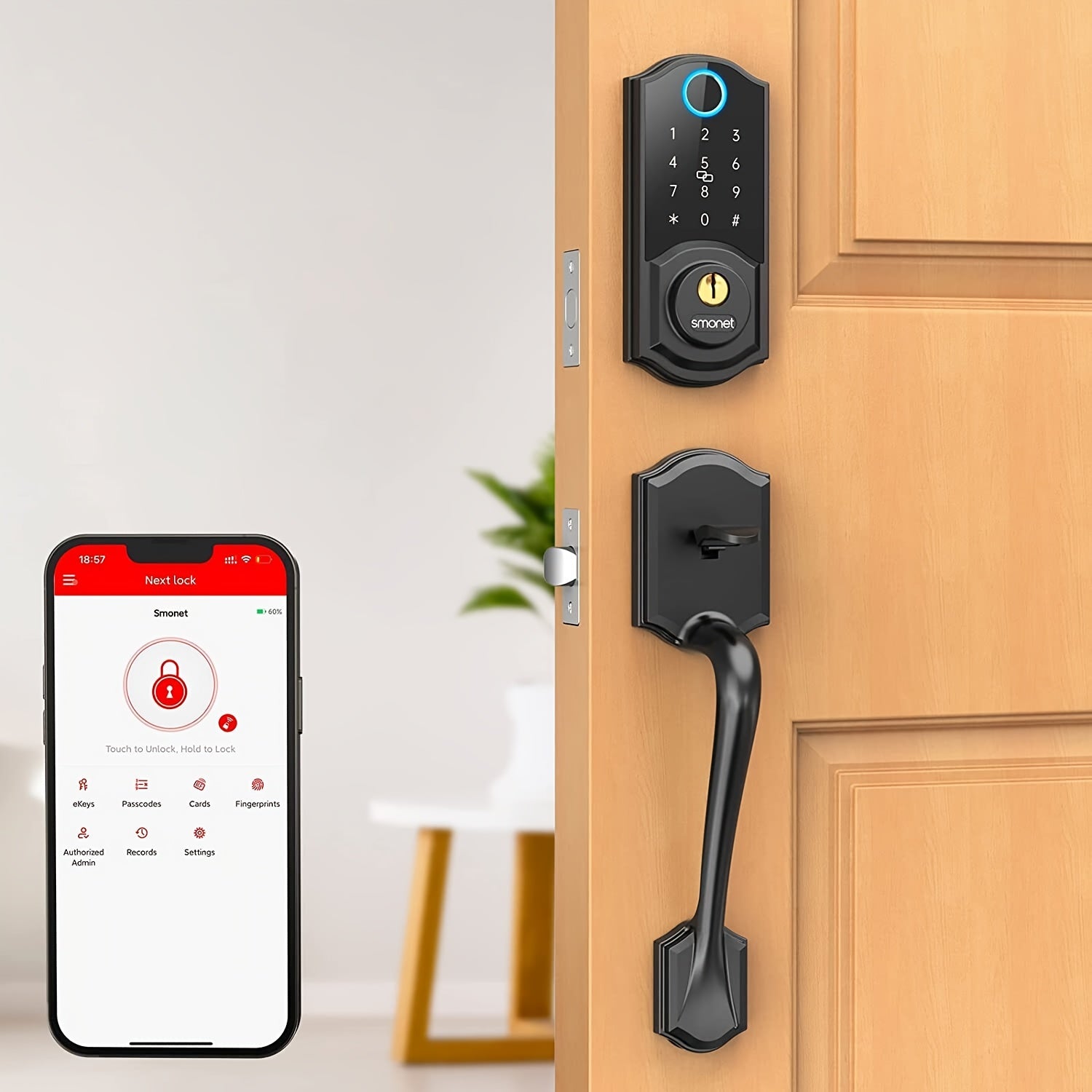 SMONET Smart Front Door Lock Handle Set, Keyless Entry Door Lock with Handle, Smart Deadbolt Auto-Lock Easy to Install, Fingerprint Keypad Buletooth Digital Deadbolt, Work with Alexa, App Control Black