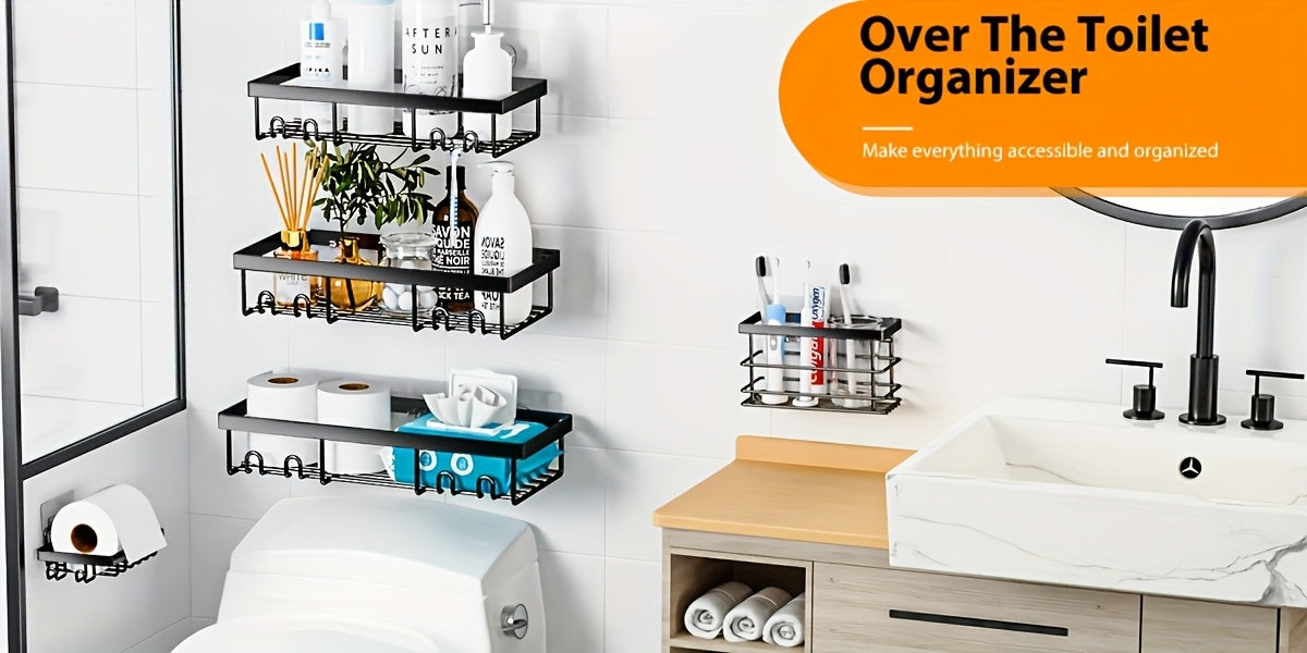 Shower Caddy, Stainless Steel Bathroom Shower Organizers with Soap Caddy & Toothbrush Holder, Wall Rack Baskets Adhesives Mounted, Black Shower Shelves for Inside Shower (5pcs)