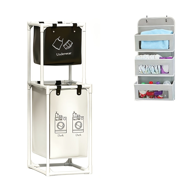 2-Tier Laundry Sorting Basket with Removable Bags – White Shelved Laundry Organizer for Clothes Sorting, Laundry Room & Bedroom, Large (4 Bags) or Small (2 Bags)