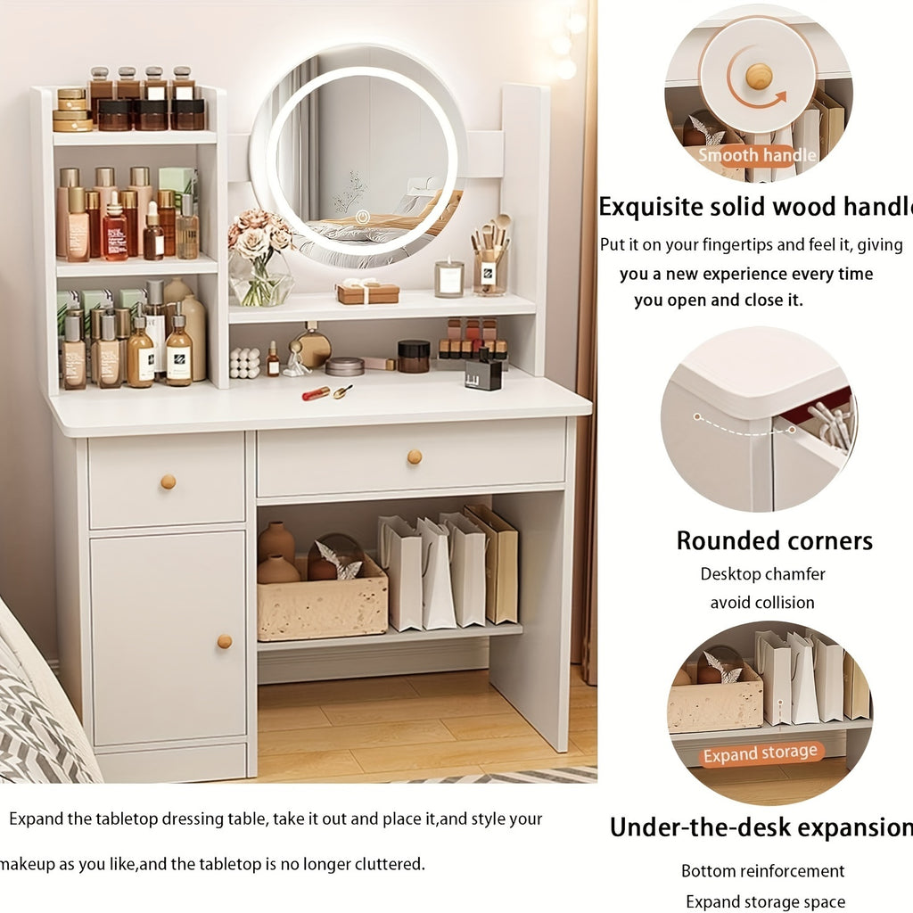 Makeup Vanity Desk with Mirror and Lights Touch Screen Lighted 3 Lighting Modes Brightness Adjustable Vanity Desk Makeup Vanity with Drawers and Storage Shelves Bedroom Vanity Dressing Table