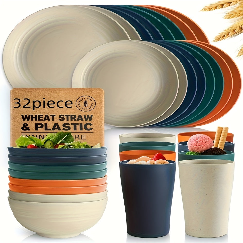 Wheat Straw Dinnerware Set 16/32pcs – Eco-Friendly Plates, Dessert Plates, Cereal Bowls & Cups for 4/8 People, Durable Shatterproof Outdoor Camping Tableware for Family Gatherings, Parties & Everyday Use, Multiple Colours