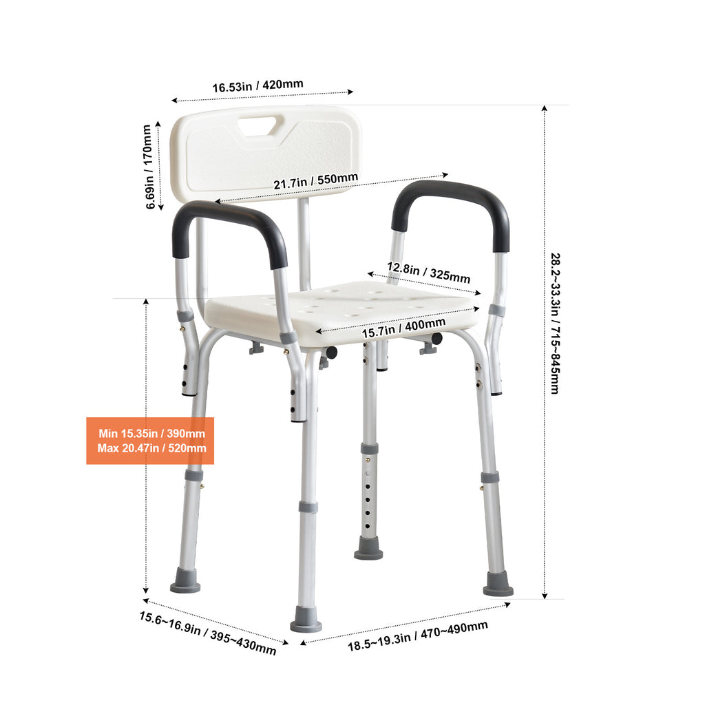 VEVOR Shower Chair, Adjustable Height Shower Stool, Shower Seat for Inside Shower or Tub, Non-Slip Bench Bathtub Stool Seat for Elderly Disabled Handicap, 350 LBS/ 500 LBS Capacity, No handrails/With handrails