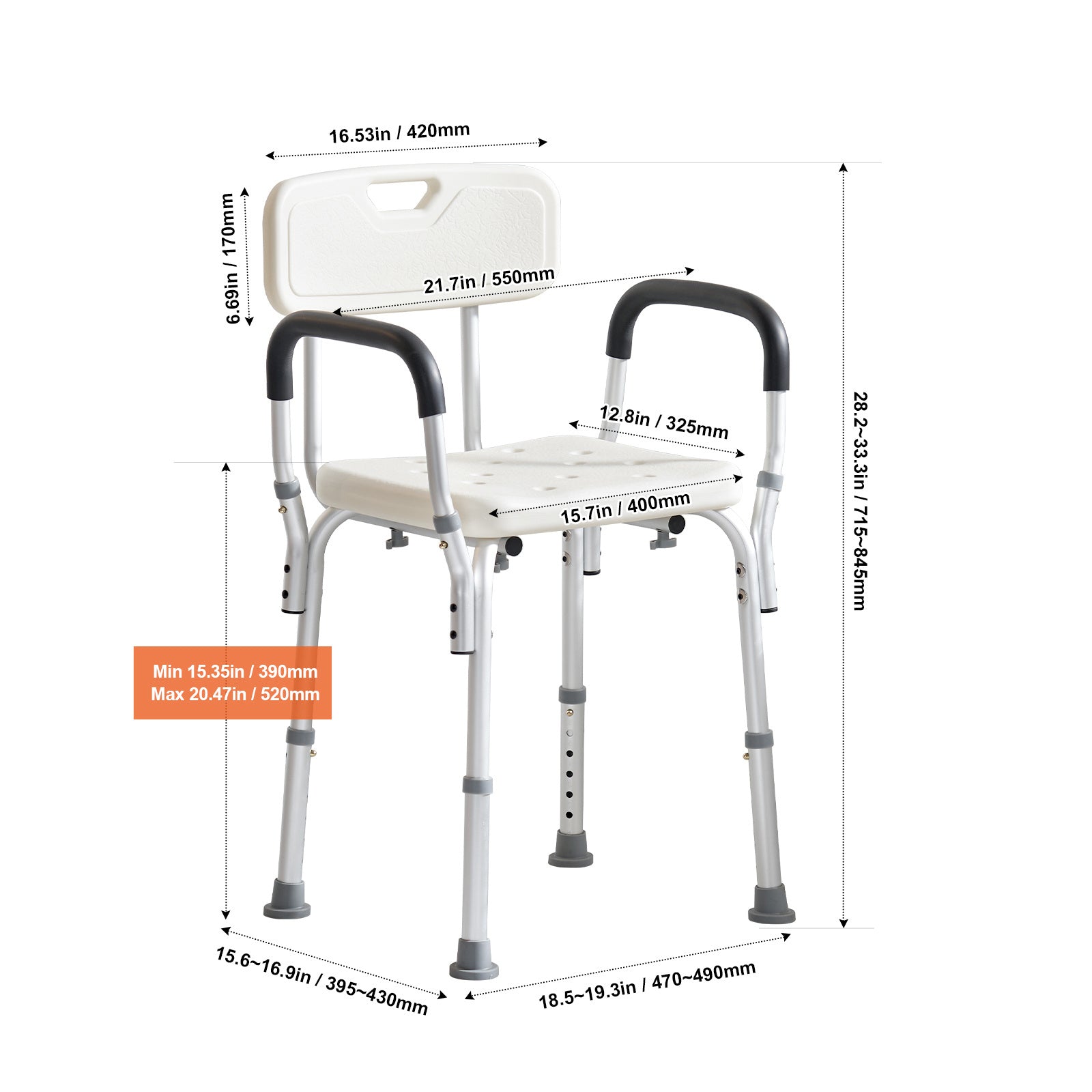 VEVOR Shower Chair, Adjustable Height Shower Stool, Shower Seat for Inside Shower or Tub, Non-Slip Bench Bathtub Stool Seat for Elderly Disabled Handicap, 350 LBS/ 500 LBS Capacity, No handrails/With handrails