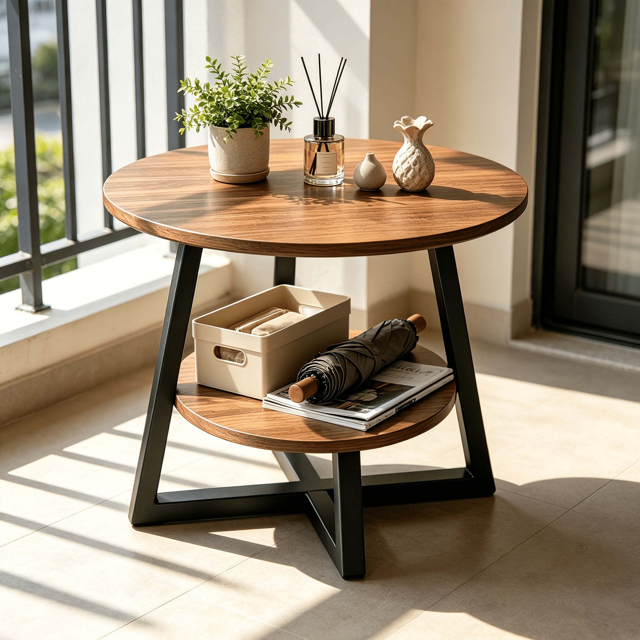 Multi-Purpose 2-Tier Round Coffee Table with Heavy-Duty Construction And Smooth Marble Effect Top, Stylish Storage End Table for Living Room, Bedroom, Dorm, And Home Office