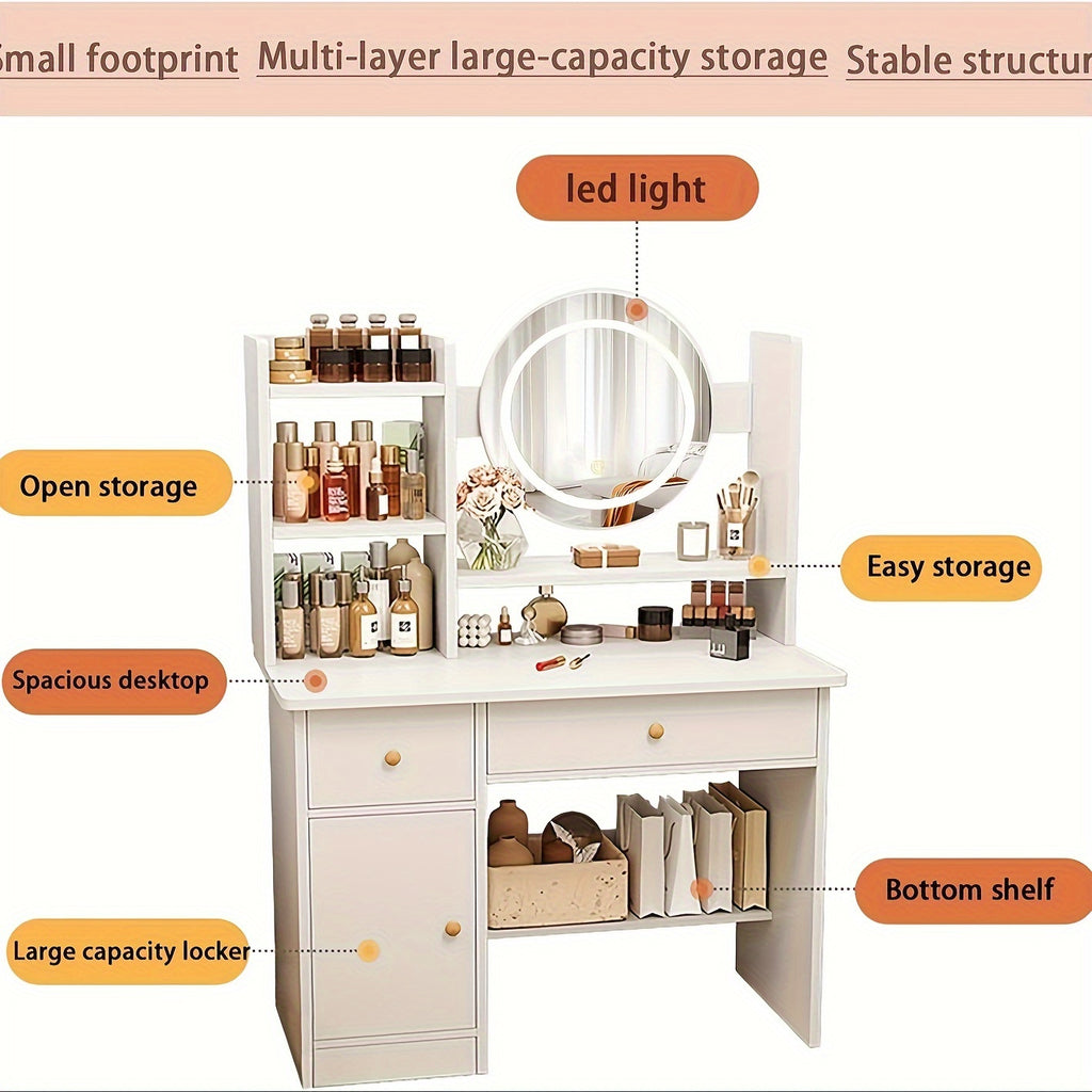 Makeup Vanity Desk with Mirror and Lights Touch Screen Lighted 3 Lighting Modes Brightness Adjustable Vanity Desk Makeup Vanity with Drawers and Storage Shelves Bedroom Vanity Dressing Table