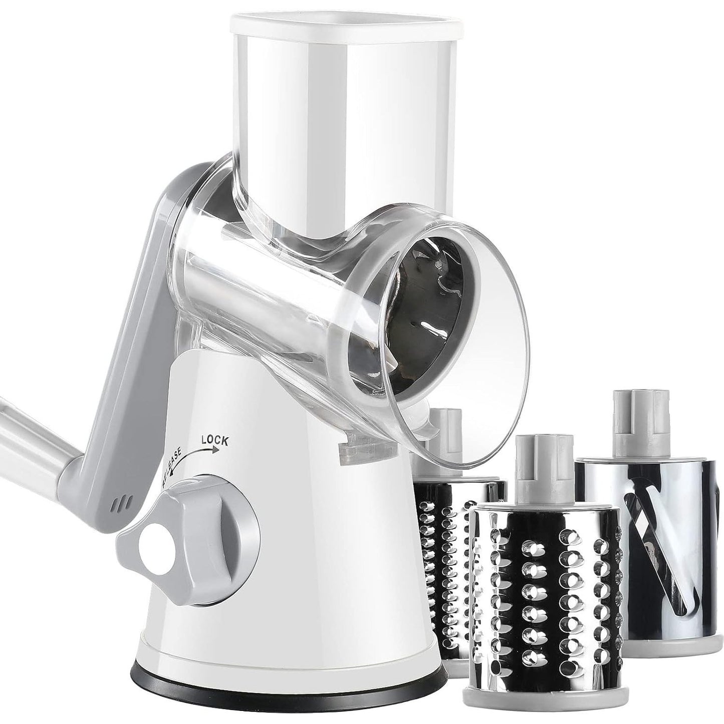 4-Piece Hand-Crank Drum Vegetable Cutter & Slicer – Manual Multi-Functional Kitchen Vegetable Chopper with Interchangeable Drums for Shredding, Slicing & Grating