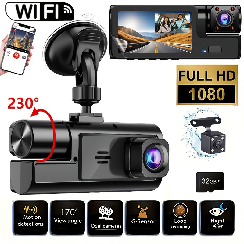 [ Triple Camera Dash Cam with Dual Front & Inside Car & Reversing Camera-Dash Camera for Cars] WIFI, G-Sensor, Loop Recording, Night Vision, Motion Detection, Parking Monitoring - for Taxi, Truck, SUV, Sedan - Car Accessories, 16GB/32GB(optional)
