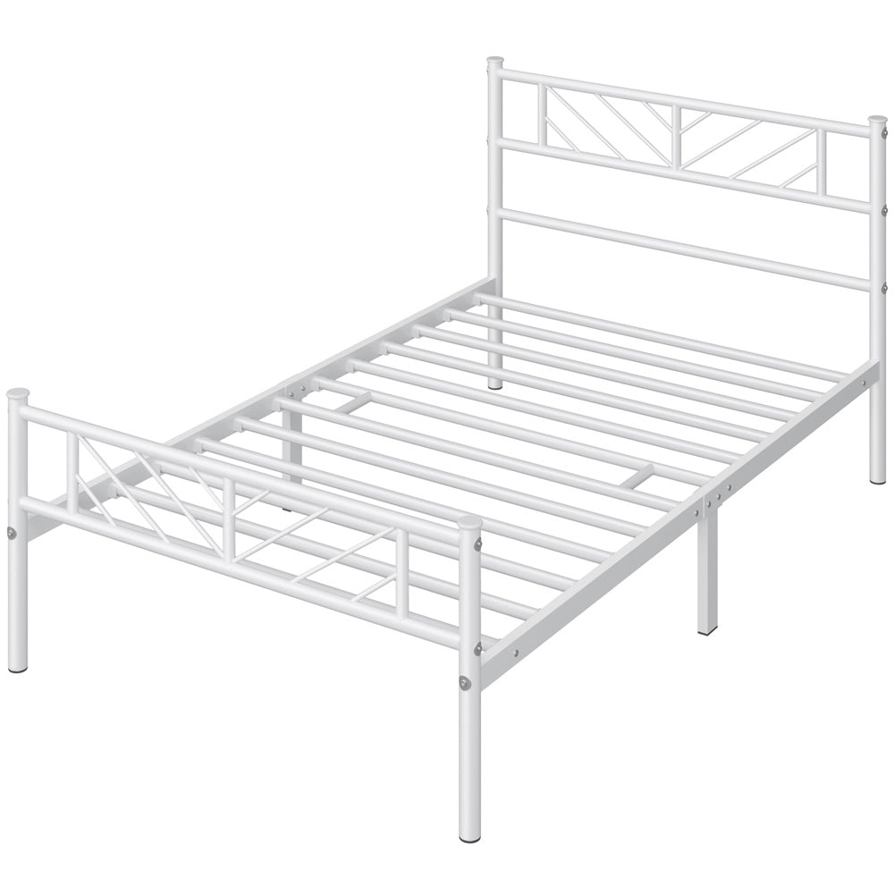 ALDEN DESIGN Bed Frame, Metal Platform Bed Frame, Minimalist Metal Platform Bed with Arrow Design Headboard and Footboard, metal bed foundation, Underbed Storage for Luggage, Shoes, Bags, No Box Spring Needed, White/Black, Twin/Full/Queen Size