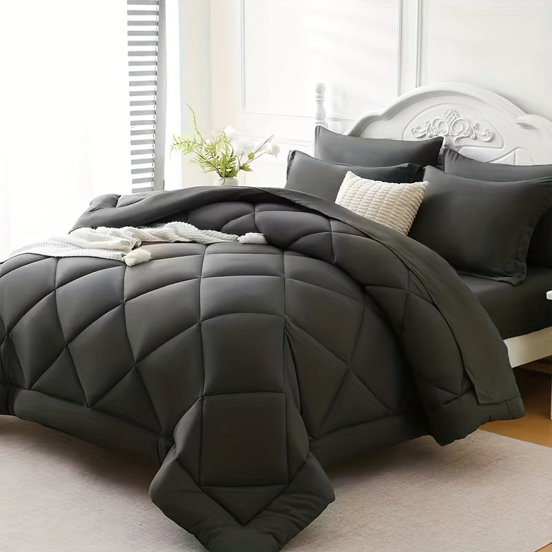 Navy Reversible Comforter Set 7pcs Queen – Fluffy Polyester Bed in a Bag, All-Season Bedding with Comforter, Fitted Sheet, Flat Sheet, Pillowcases & Shams