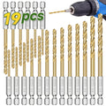 19pcs Coated Drill Bit Set, 1/16"-1/4" Sizes, Hex Shank with 135° Point Design, Quick Change, Sharp And Durable, Suitable for Wood, Metal, Plastic, And