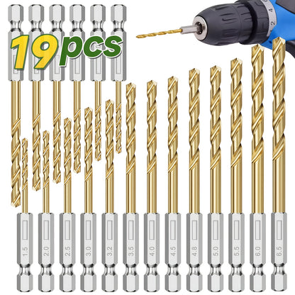 Drill Bit Set 19-Piece Coated Hex Shank with 135° Point – Quick Change 1/16"-1/4" Sizes, Sharp & Durable Bits for Wood, Metal & Plastic, DIY & Professional Use Canada