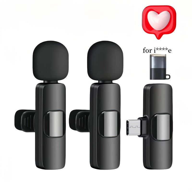 Wireless Lavalier Microphone for iPhone & Android – Dual Clip-On Mic System with Type-C & Lightning Adapters for Vlogging, Live Streaming, Interviews, Video Recording, Online Teaching (Black)