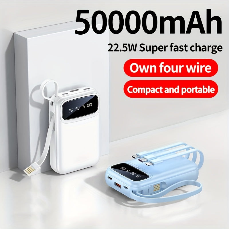 50000Mah Portable Large Capacity Mobile Power Bank, Comes with Four Data Cables/Lanyard/Led Power Display, Suitable for Fast Charging of Mobile Phones Such As Iphone/Android And Digital Electronic Products, Outdoor Portable Emergency Power Bank