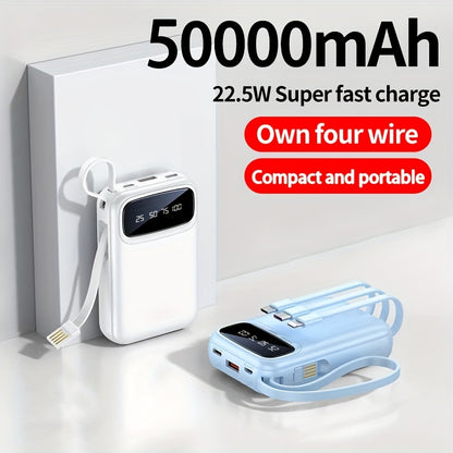 50000mAh Portable Power Bank – Fast Charging for iPhone & Android, 4 Built-In Cables, LED Power Display, Lanyard, Outdoor Emergency Backup Battery (Black/Purple)