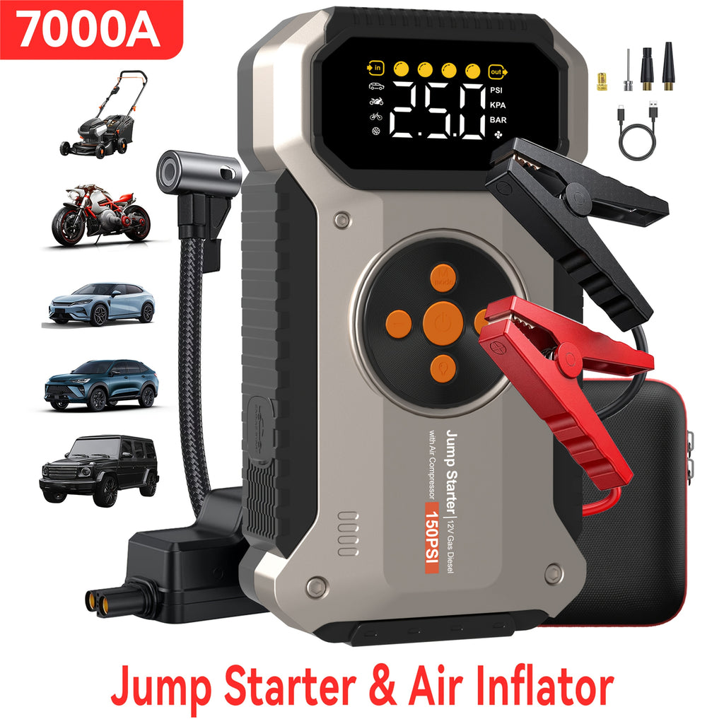 7000A Car Portable Wireless Car Air Compressor, Jump Starter With AirCompressor, Battery Jump StarterPortable Peak, Car Battery Charger Portable For12V(2.11gal Gas/1.72 gal Diesel) UsB Input/output, LED Emergency, Car Accessories Too