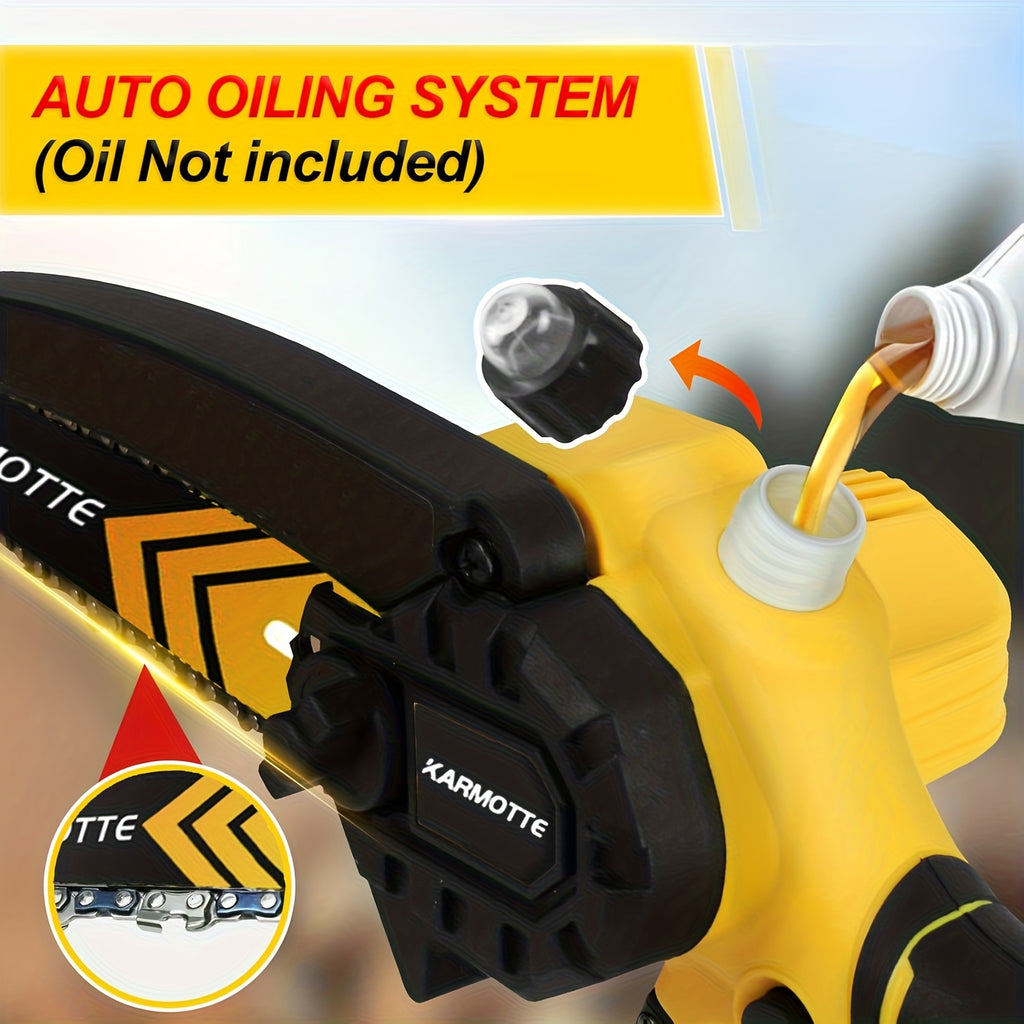 Mini Chainsaw 6-Inch And 8-Inch Brushless with Optional 1/2-Pack 2000Mah Batteries And 1/2 Chains, Auto Oiler System, Toolless Adjustment Lightweight Portable Design for Tree Trimming, Wood Cutting, Camping Garden And Household Use