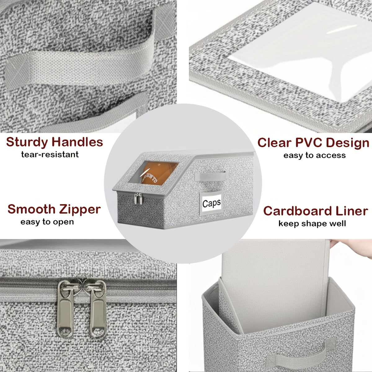 Stackable Baseball Cap Storage Box with Transparent Window – Sturdy Cardboard Hat Organizer Box for Caps, Underwear, Socks & Toys, Space-Saving Closet Storage for Men – Gray, 1 or 2 Pack
