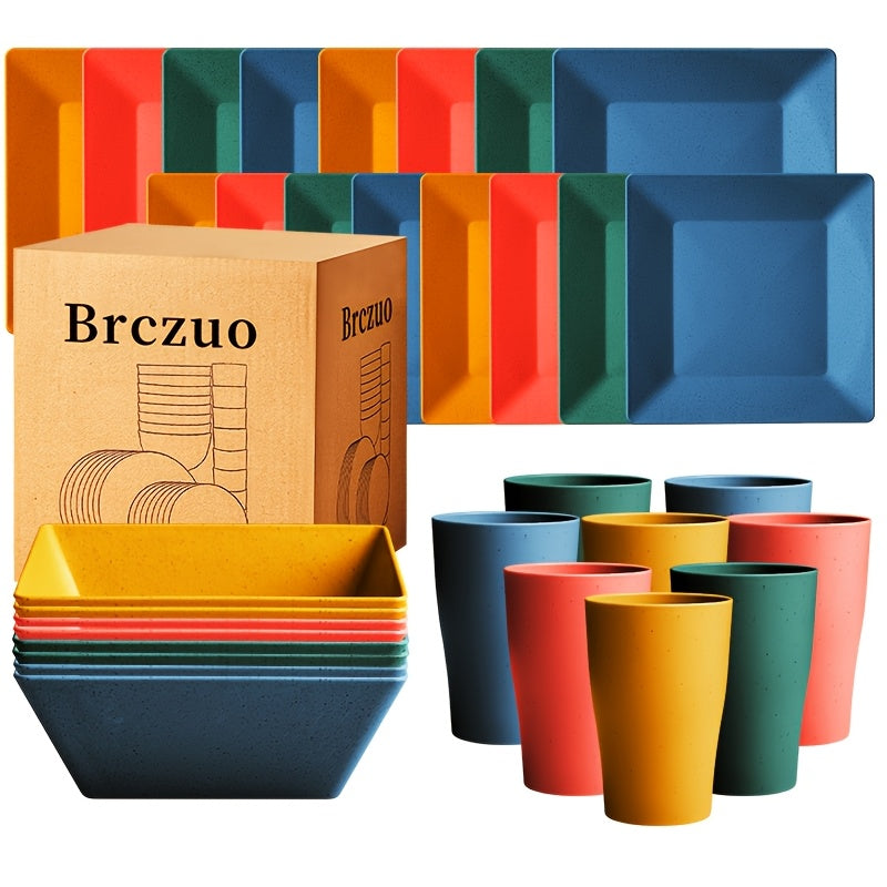 Wheat Straw Dinnerware Set 16/32pcs – Eco-Friendly Plates, Dessert Plates, Cereal Bowls & Cups for 4/8 People, Durable Shatterproof Outdoor Camping Tableware for Family Gatherings, Parties & Everyday Use, Multiple Colours
