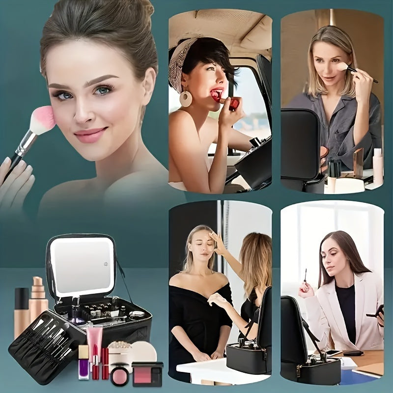Makeup Bag With Mirror Of LED Lighted, Travel Makeup Train Case Cosmetic Bag Organizer With Mirror And Lights, Make Up Bag With Light Up Mirror Adjustable Divider Brush Board, Christmas Halloween Thanksgiving Gift