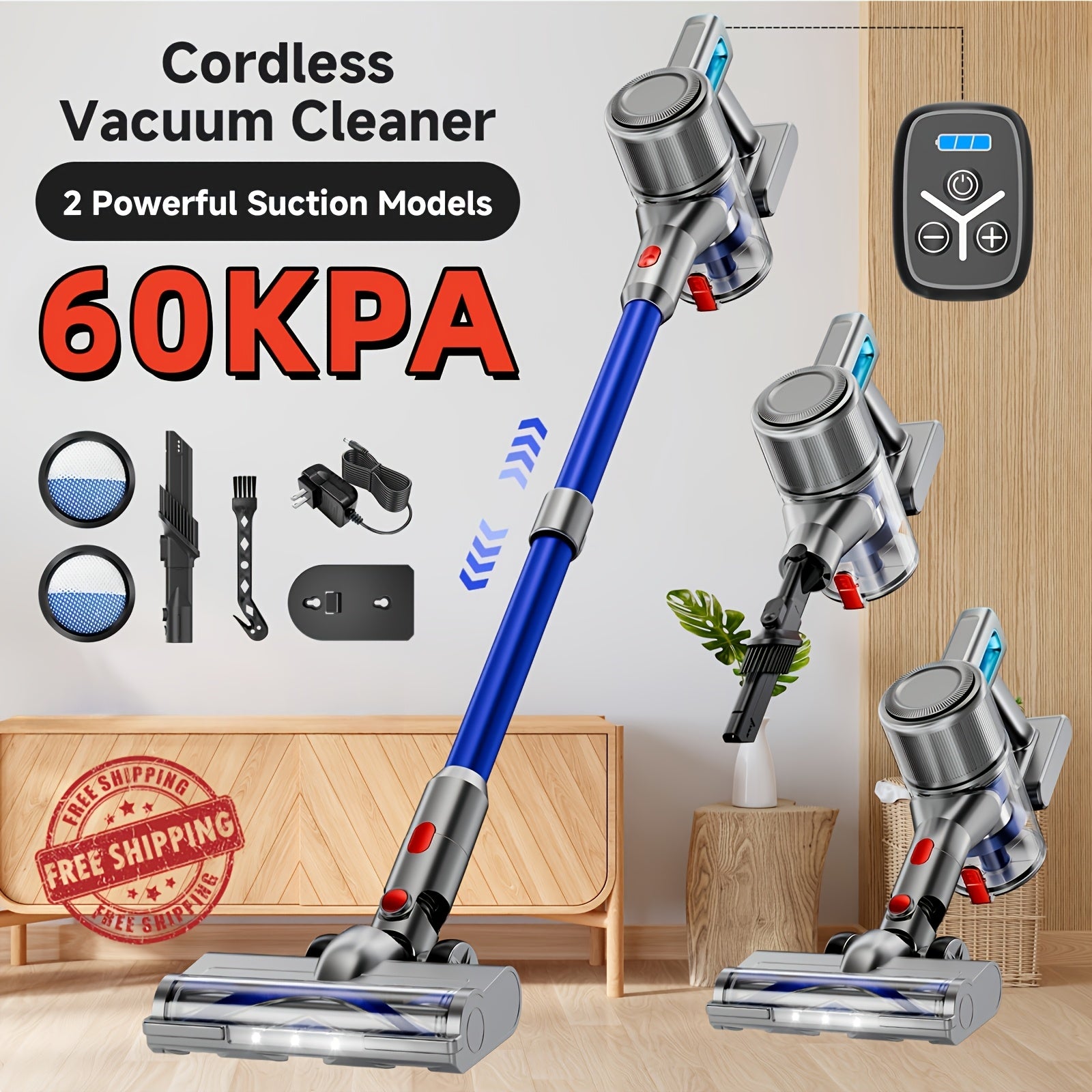 Cordless Stick Vacuum Cleaner 60Kpa Max Suction - Lightweight Rechargeable Handheld Vacuum for Hardwood Floors, Carpets & Pet Hair, Anti-Tangle Brush, 45-Min Runtime, Corded & Cordless 2-in-1