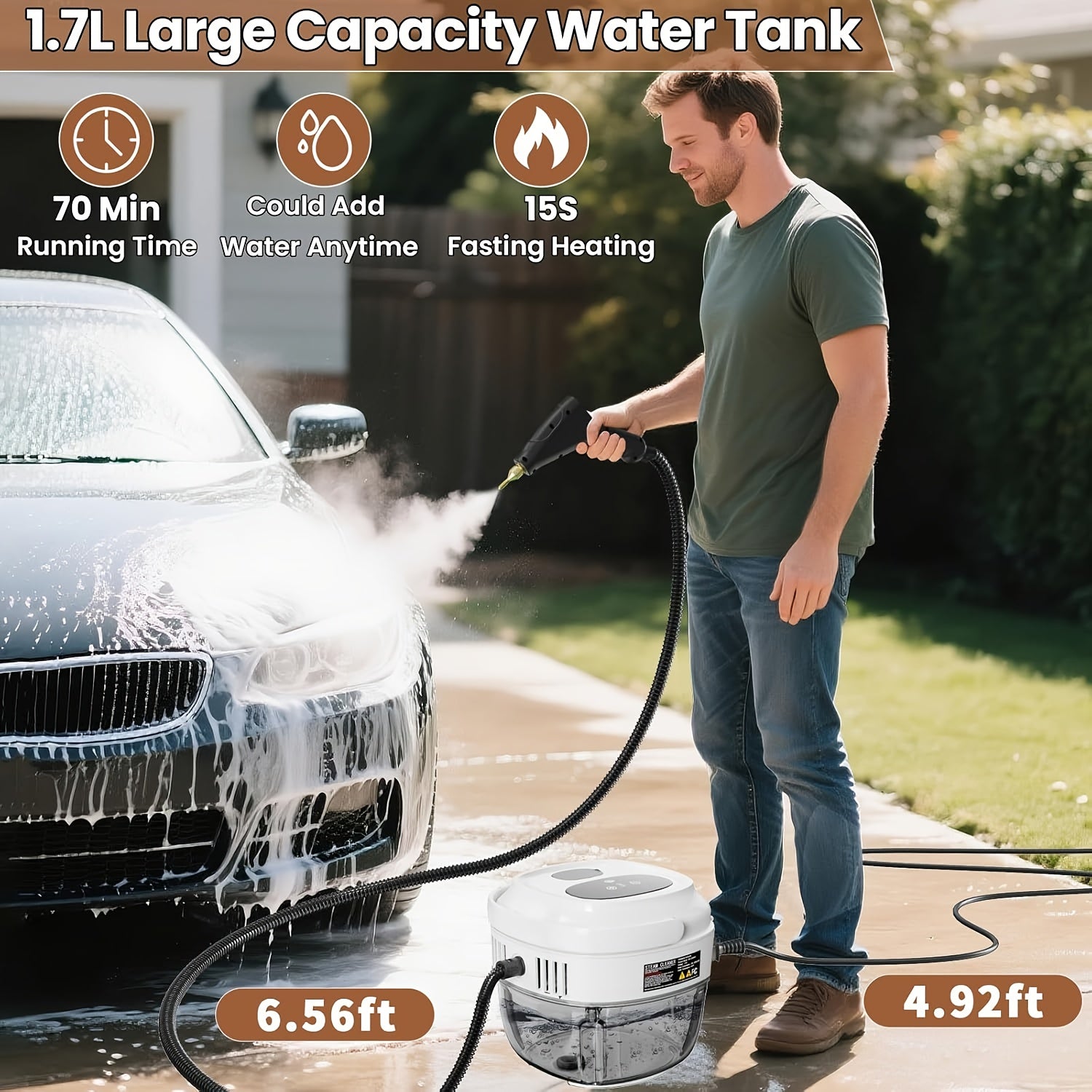 [57.48 oz Extra Large Capacity] Handheld Steam Cleaner for Home, 2500W High Temperature Pressurized Machine, 57.48oz Water Tank, Handle-Controlled Steam Output, Portable Cleaning Steamer for Car, Bed Bugs, Furniture, Grout